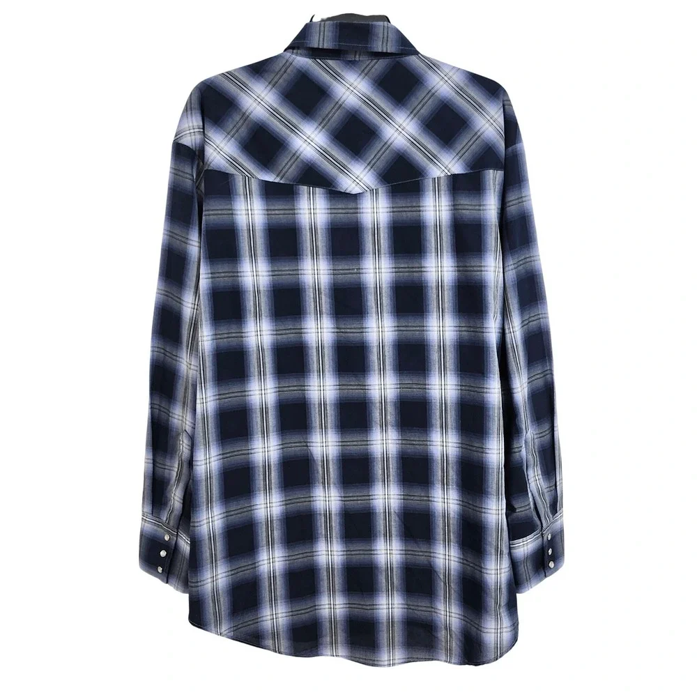 Ely Cattleman Long Sleeve Pearl Snap Shirt Mens XXL Blue Plaid Western Cowboy‎